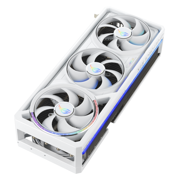 ASUS ROG Astral RTX 5090 White OC Edition graphics card at a three-quarter angle